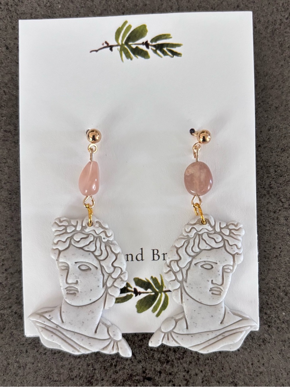 Handcrafted White Sculpture Drop Earrings with Pink Stones statue of David Art